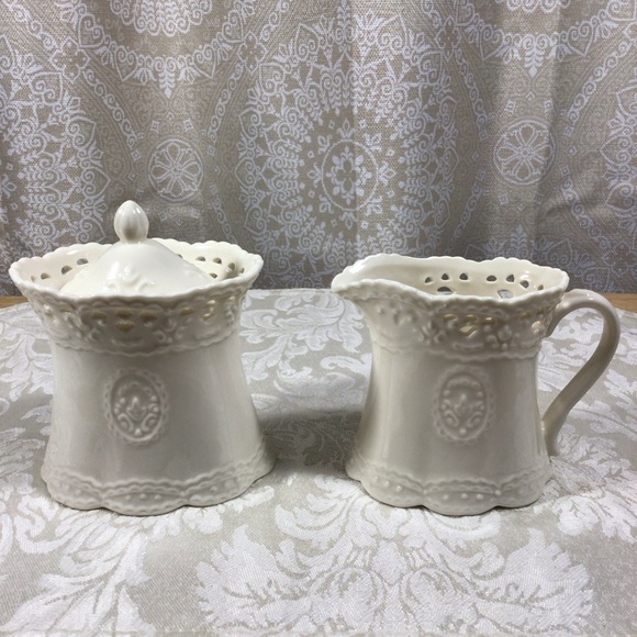 Skye McGhie Other - Skye McGhie Cream Lace Fine Porcelain Covered Sugar and Creamer Set